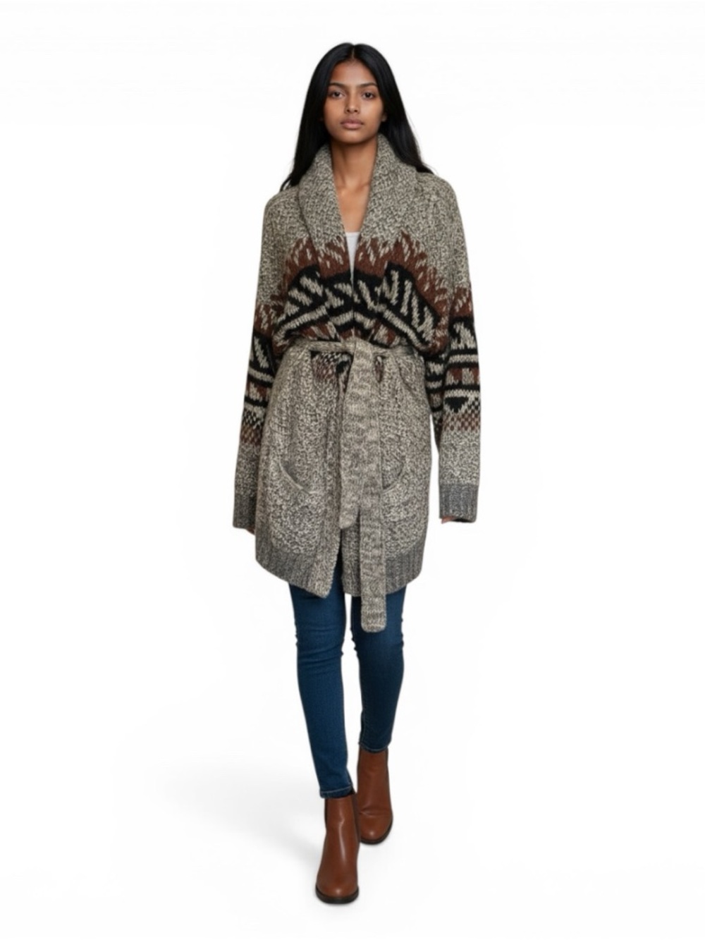 XiRENA Belted Shawl Collar Cardigan Sweater Coat Southwestern Boho Oversized XS